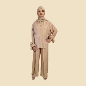 Beige Flower sleeve crinkle two piece set