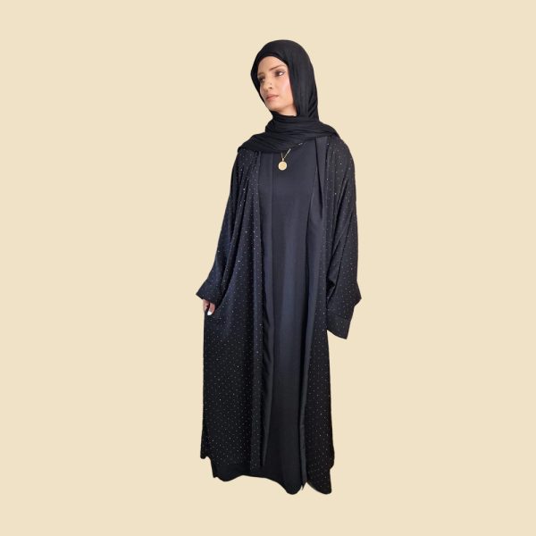 Black Diamonte Kimono open Abaya - Image 3