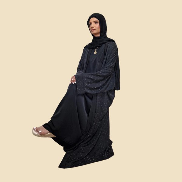 Black Diamonte Kimono open Abaya - Image 2