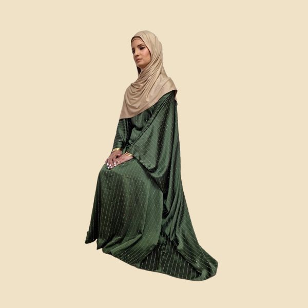 Green Satin Diamonte strips Kaftan Dress - Image 2