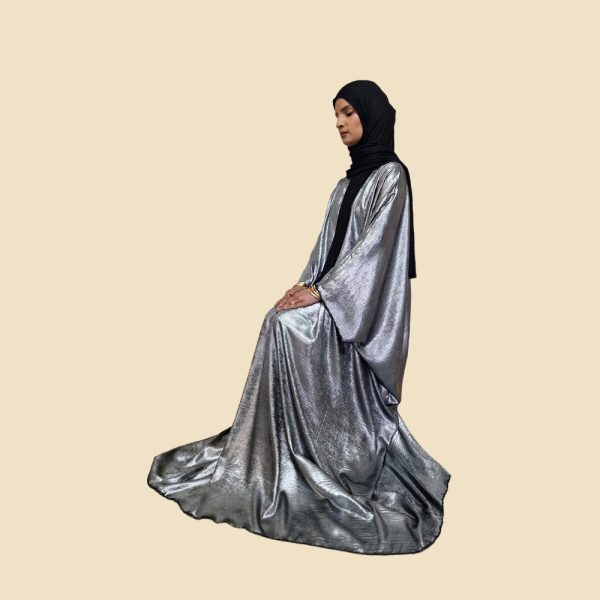 Silver Satin Kaftan Dress - Image 4