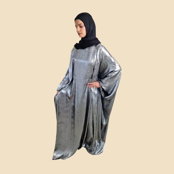 Silver Satin Kaftan Dress - Image 3