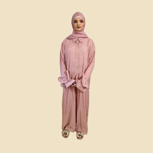 Pink Flower sleeve crinkle two piece set