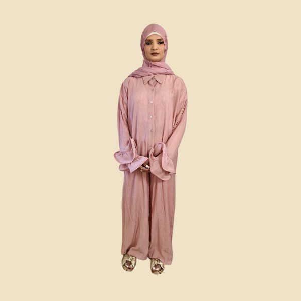 Pink Flower sleeve crinkle two piece set